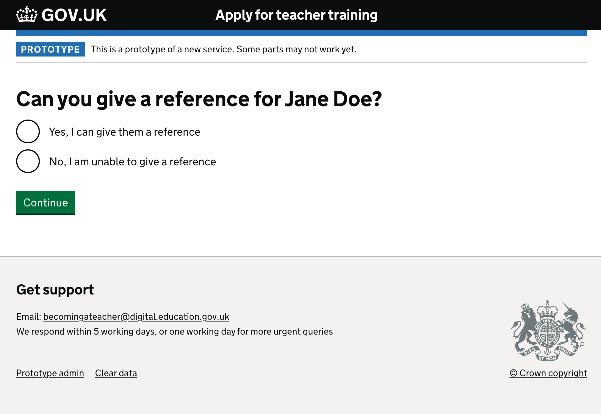 Screenshot showing a page asking ‘Can you give a reference for Jane Doe?’