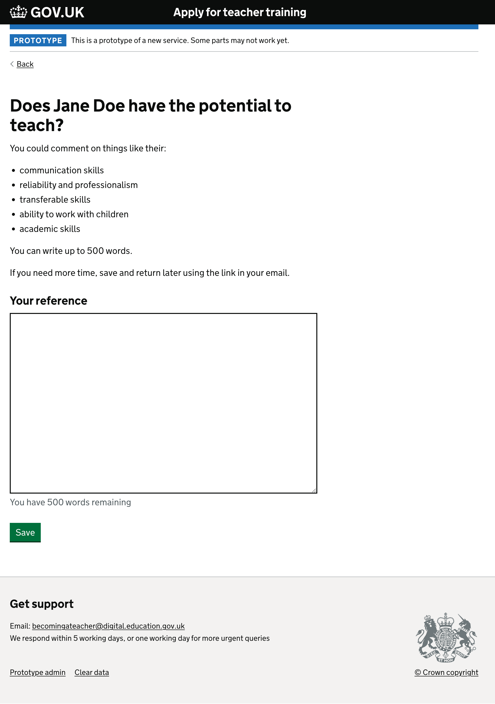 Screenshot showing a page asking ‘Does Jane Doe have the potential to teach?’