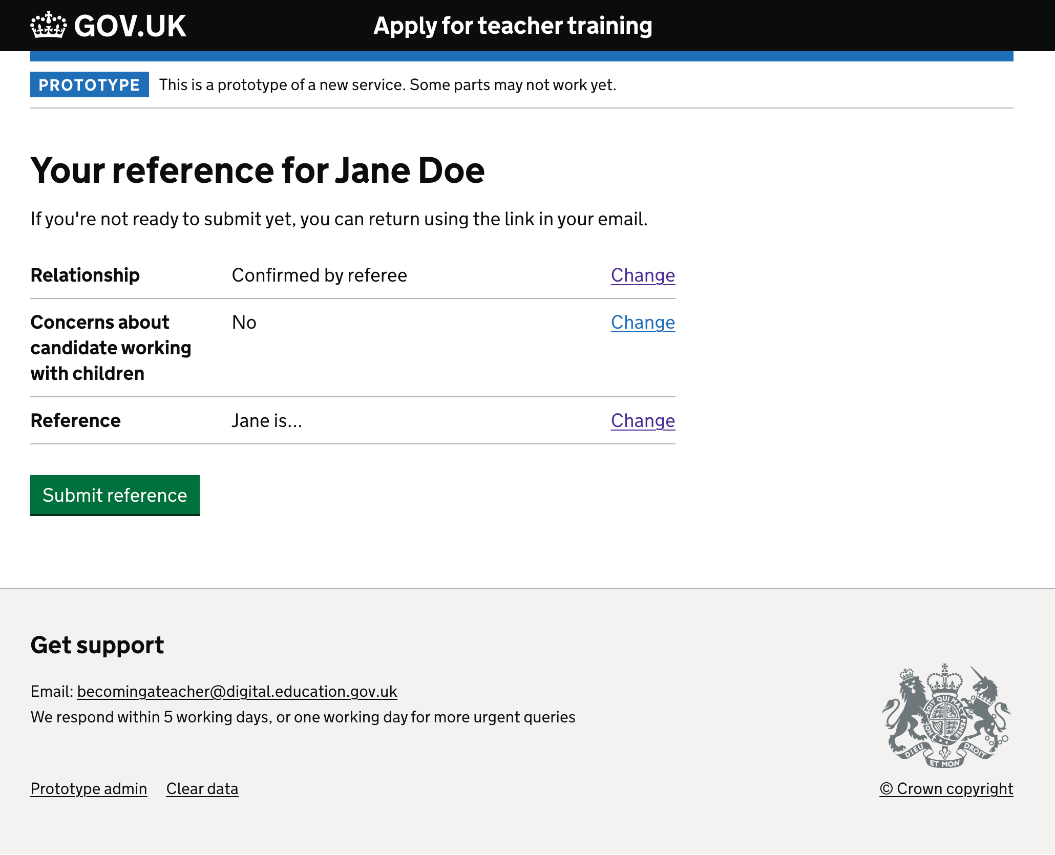 Screenshot showing a page with the heading ‘Your reference for Jane Doe’ which shows the answers to all questions