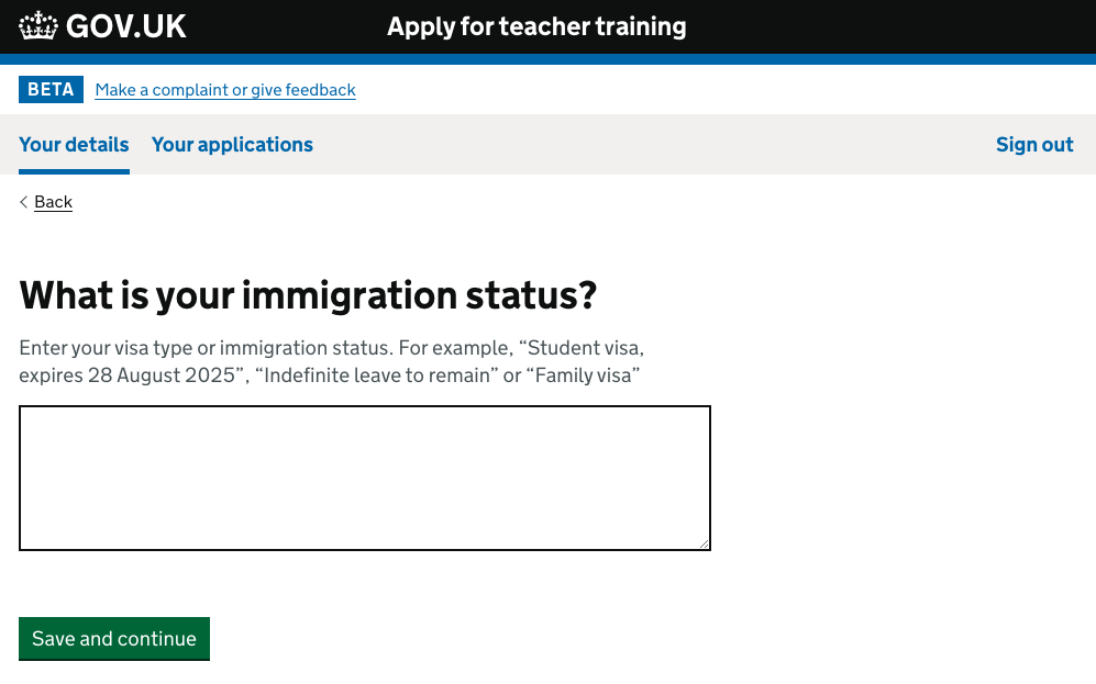 Screenshot of the new immigration status page in Apply.