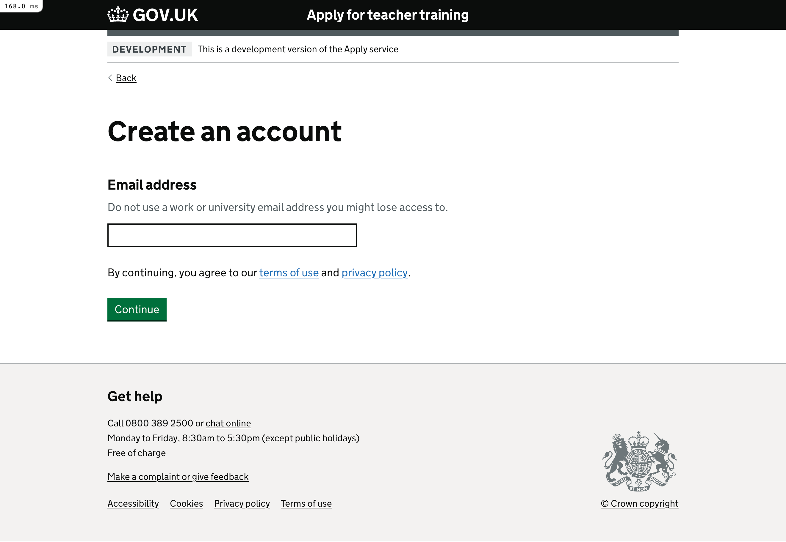 Screenshot showing sign up page containing just the line 'By continuing you agree to our terms of use and privacy policy.'