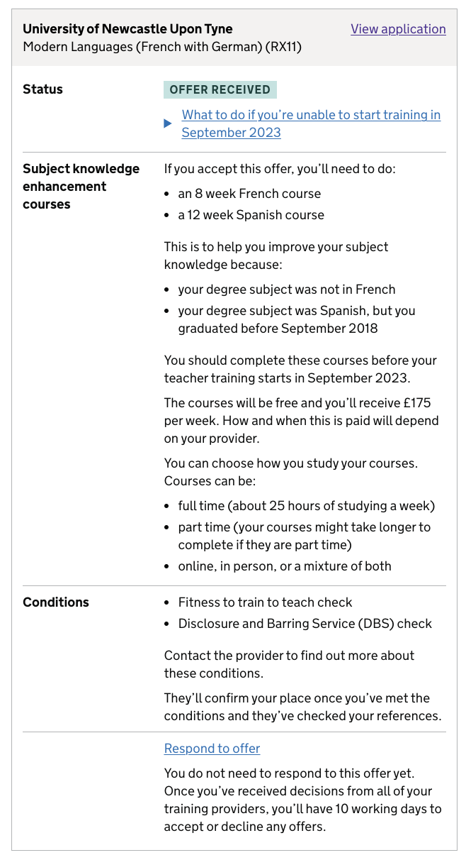 Screenshot showing the offer a candidate will recieve with 2 language subject knowledge enhancement courses attached. The courses are for an 8 week French course and a 12 week Spanish course. The content also tells the user they should start their courses by April 2023, there is a £175 bursary they can get while doing the courses and there are options on how they can study which include full time, part time and online or in-person. The screen then asks the user to respond to the offer'