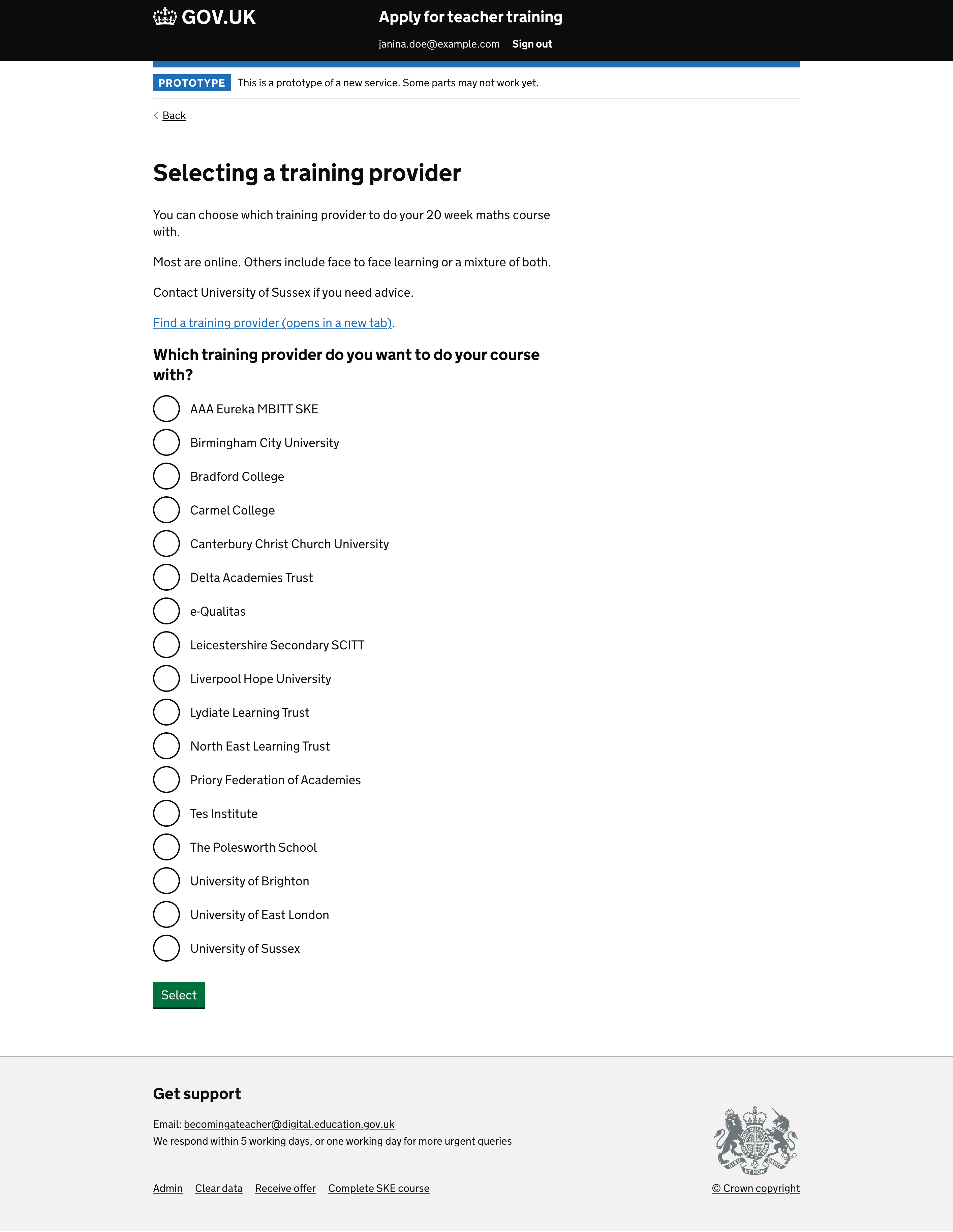 Screenshot with the heading 'Selecting a training provider'. This is followed by a link to the subject knowledge enhamncement (SKE) directory and a radio list of SKE training providers that the user can do their SKE course with.