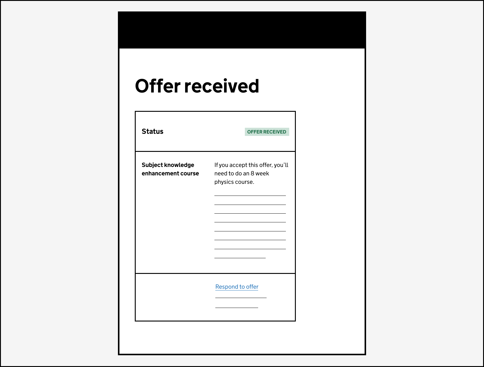 Illustration with the text 'Offer received' and inforation about doing an 8 week subject knowledge enhancement course in physics