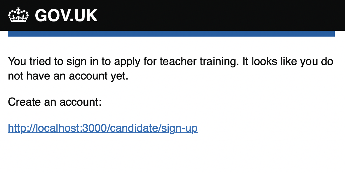 Screenshot with the text 'You tried to sign in to apply for teacher training. It looks like you do not have an account yet. Create an account:' followed by a link