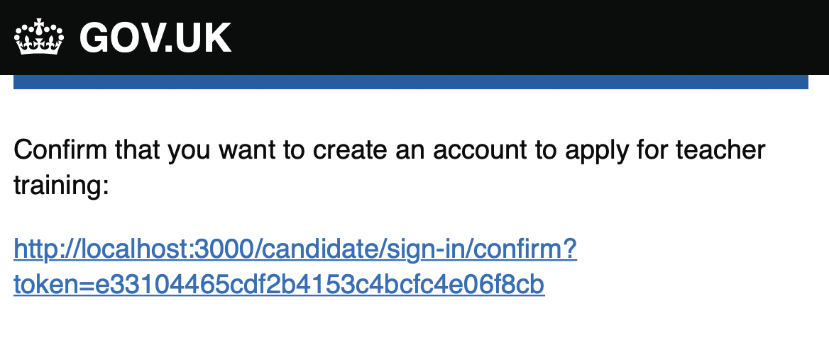Screenshot with the text 'Confirm that you want to create an account to apply for teacher training:' followed by a link