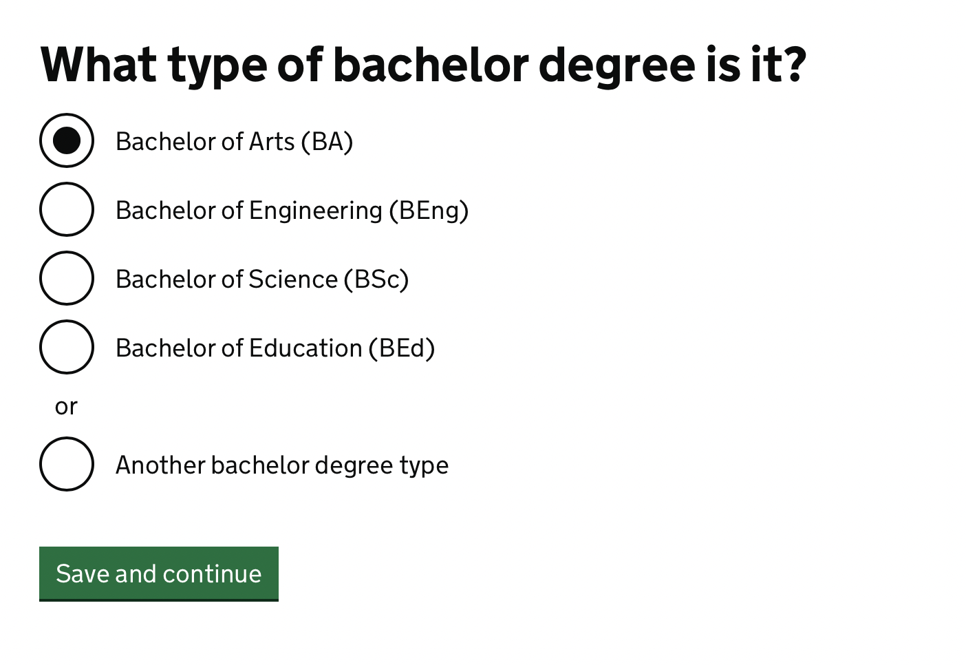 Screenshot showing page asking ‘What type of bachelor degree is it?’