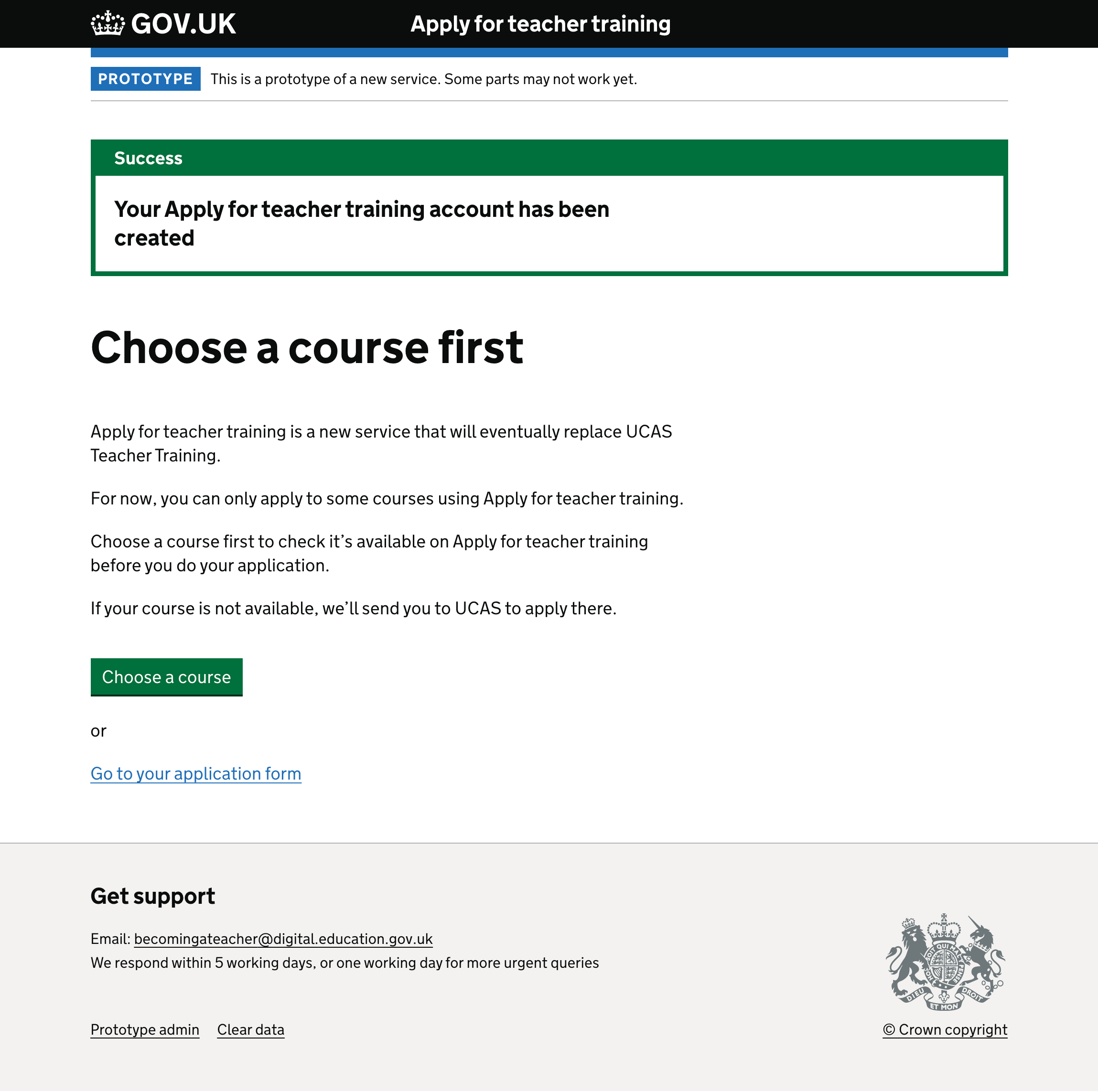 Screenshot of 'Choose a course first' page.