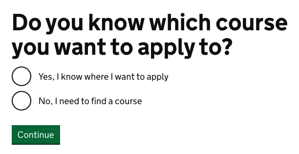 Screenshot of 'Do you know which course you want to apply to?' question.