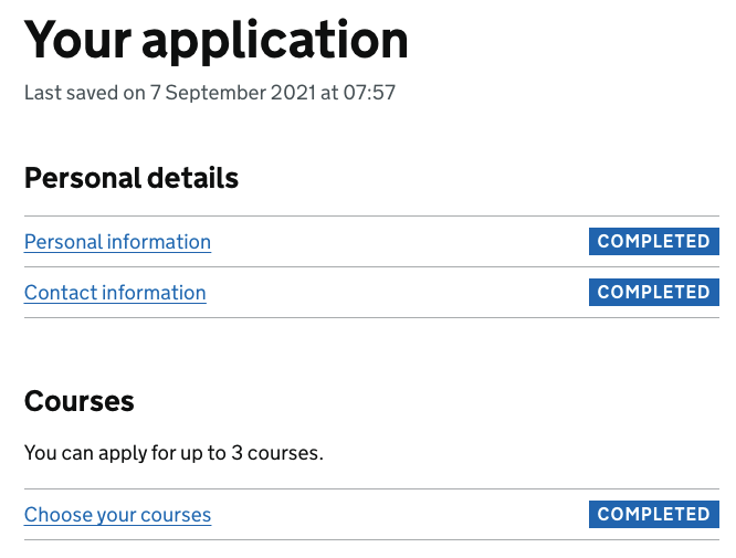 Screenshot of 'Your application' page with the line of guidance saying you can apply for up to 3 courses.