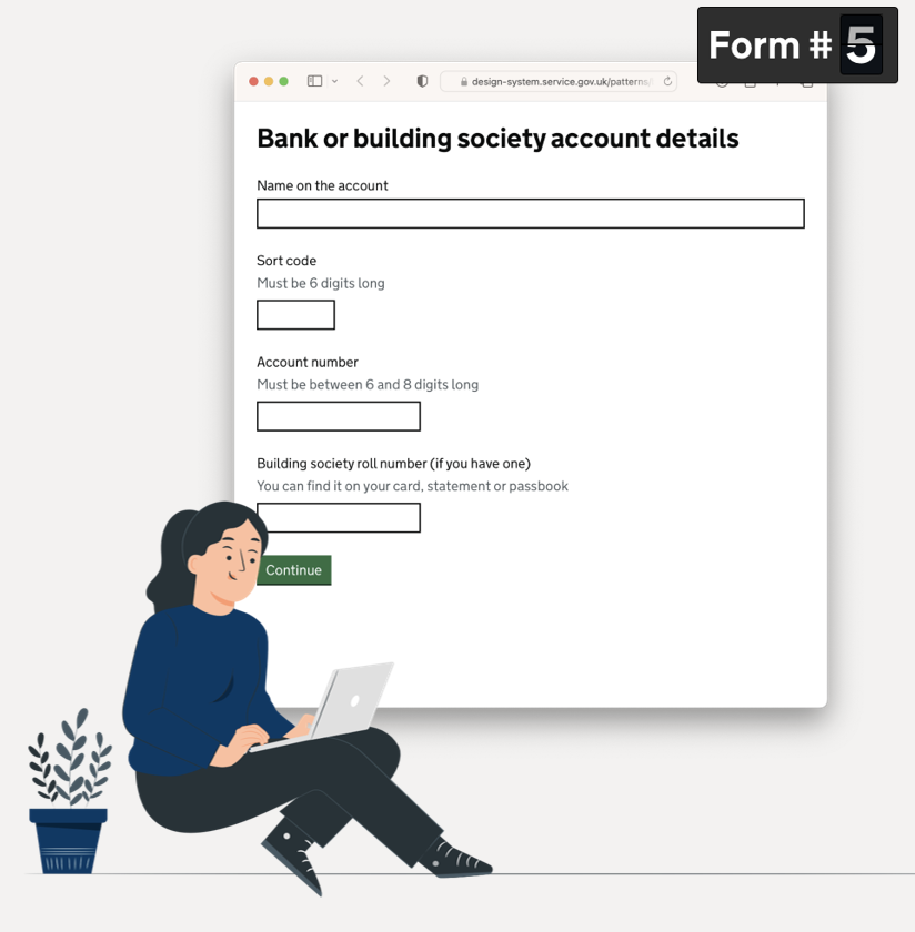 Illustration of a woman sitting with her laptop on her lap. Behind her is an image of a form asking for her bank details. In the top right corner if the illustration it says 'Form 5'.