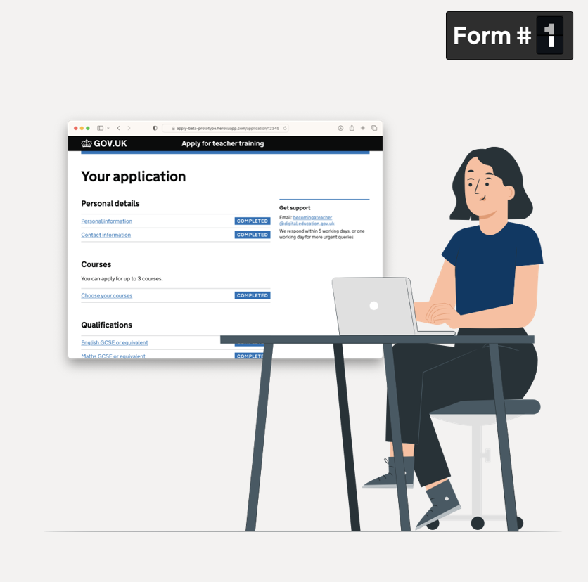 Illustration of a woman sitting at a desk at her laptop. Behind her is an image of a teacher training application form. In the top right corner of the illustration there is a label that says 'Form 1'.