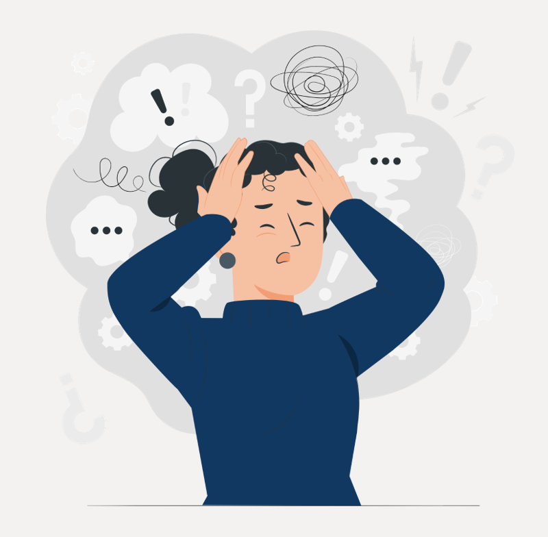 Illustration of a woman looking frustrated with her hands on her head. Around her head are icons of exclamation marks and question marks to show her frustration.