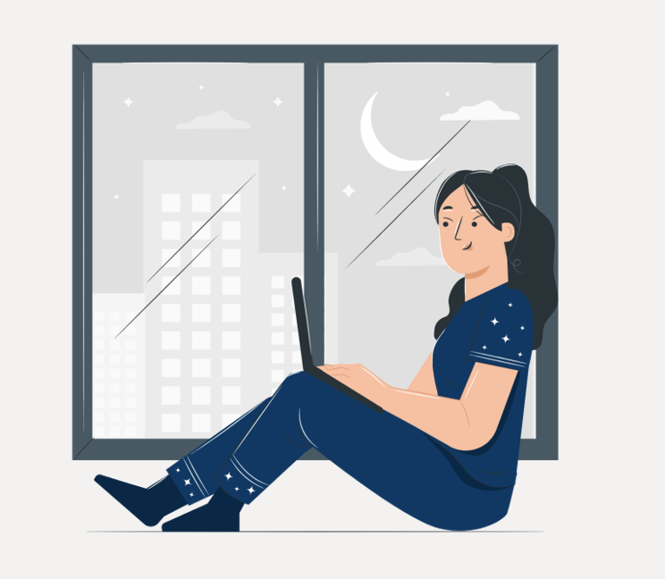 Illustration of a woman sitting at a window at night. Her laptop is balancing on her knees as she works.