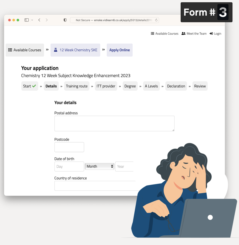 Illustration showing a woman hunched over a laptop looking tired. Behind her is an image of another form she has to fill out. In the top right corner of the illustration it says 'Form 3'.