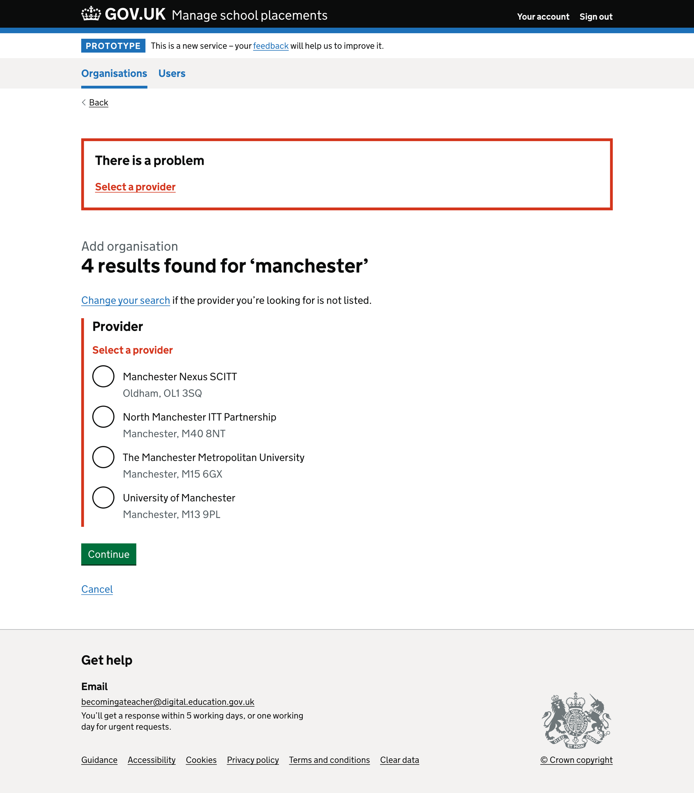 Screenshot of Error message - select a provider