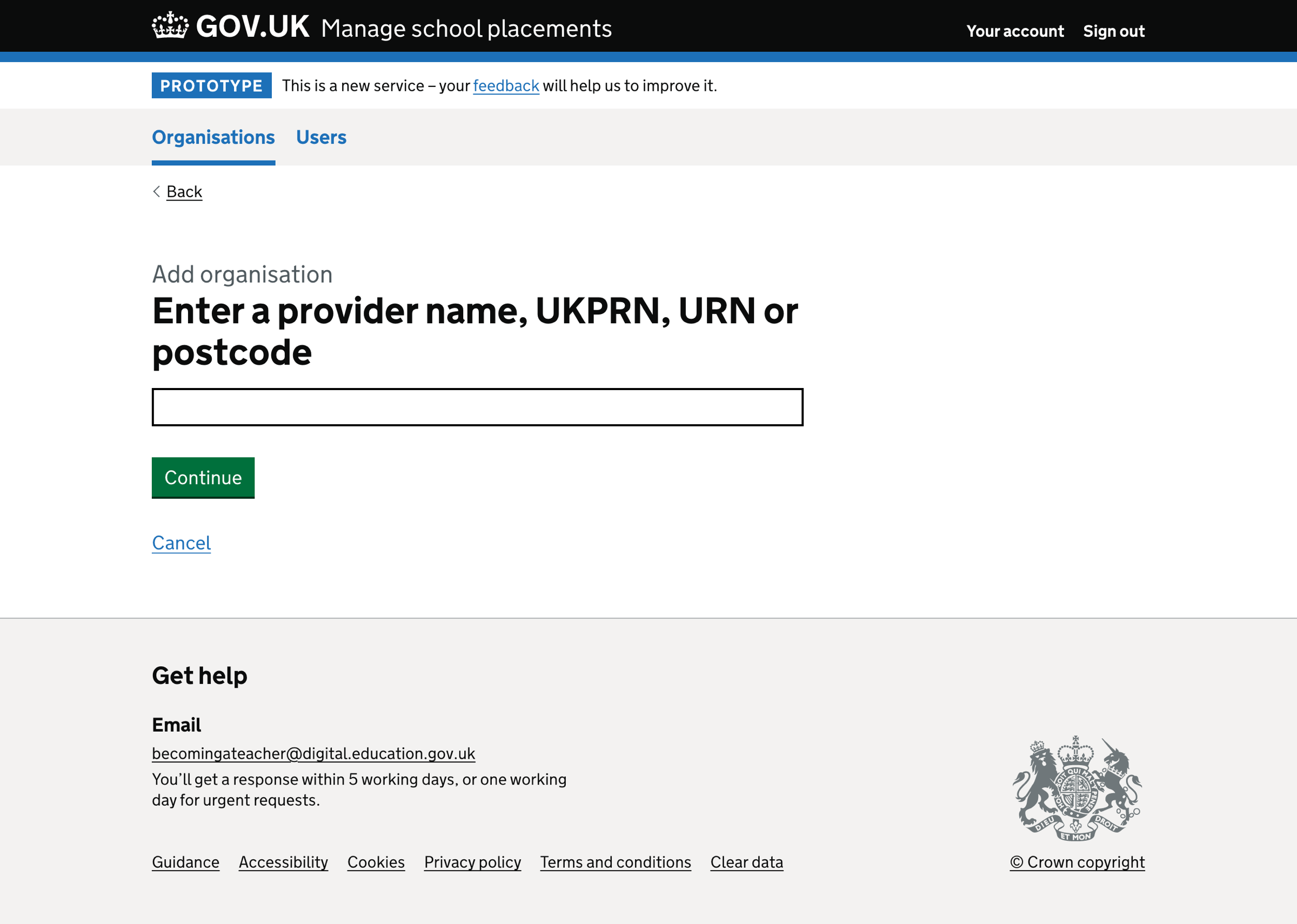 Screenshot of Add organisation - Find a provider
