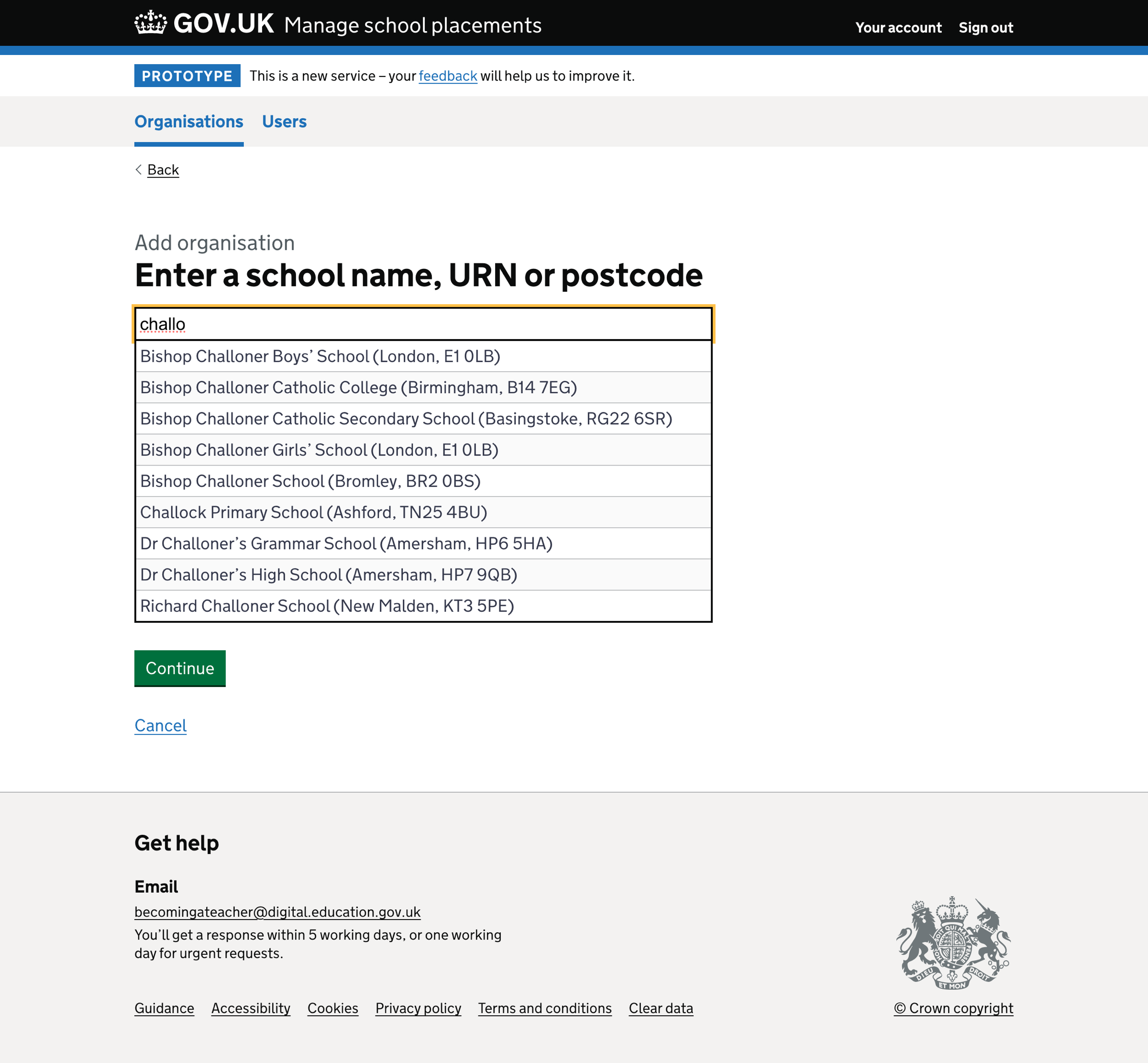 Screenshot of Add organisation - Find a school autocomplete