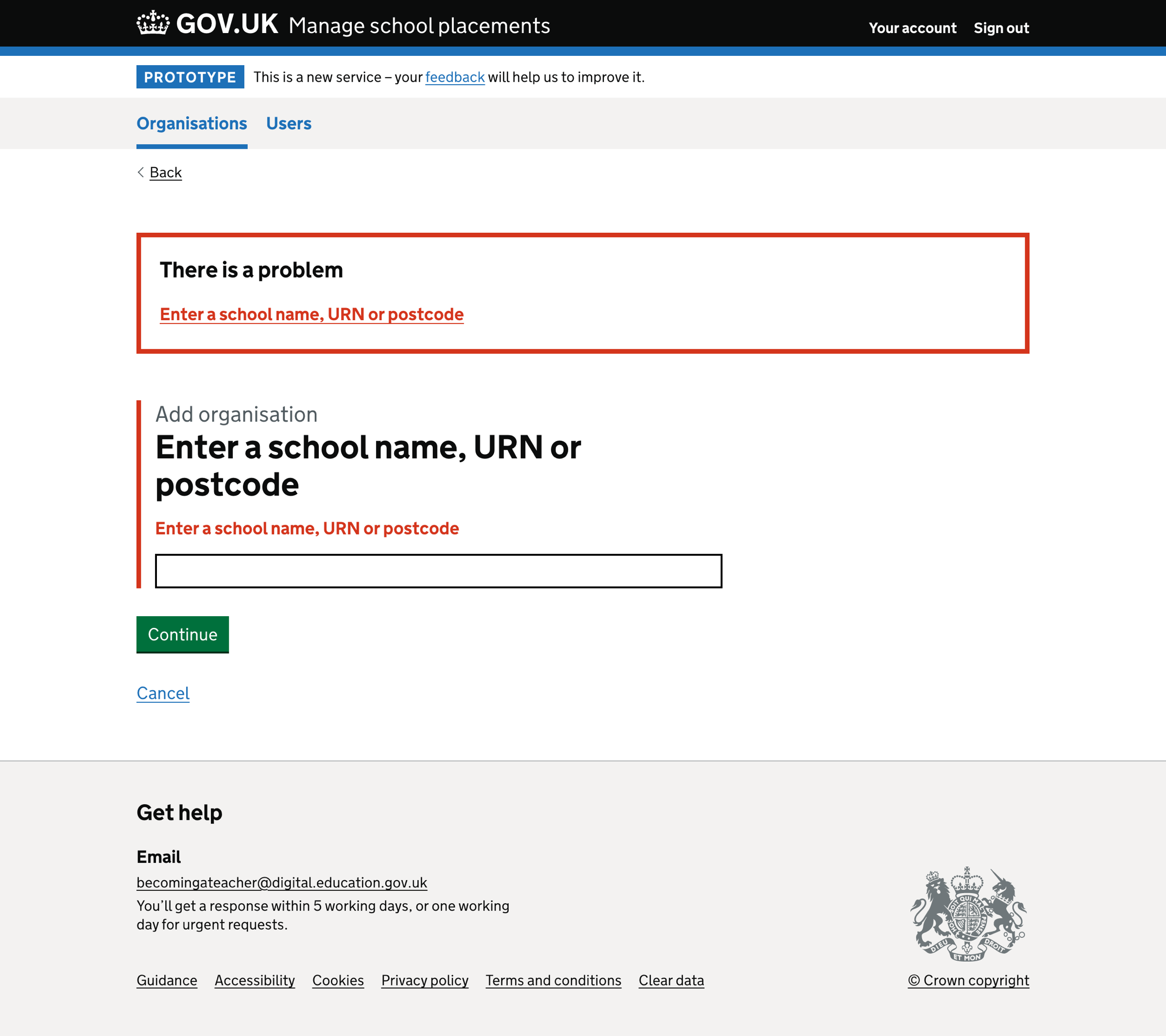 Screenshot of Add organisation - Find a school with an error message