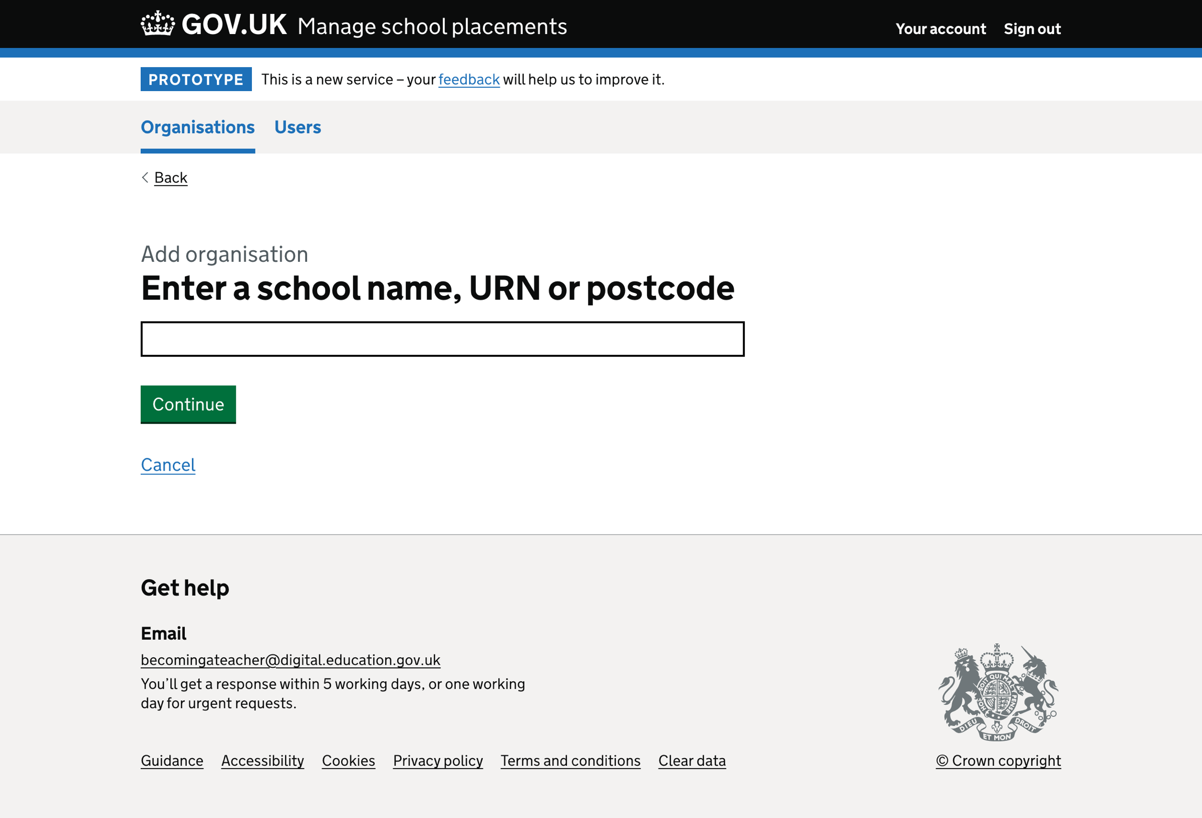 Screenshot of Add organisation - Find a school