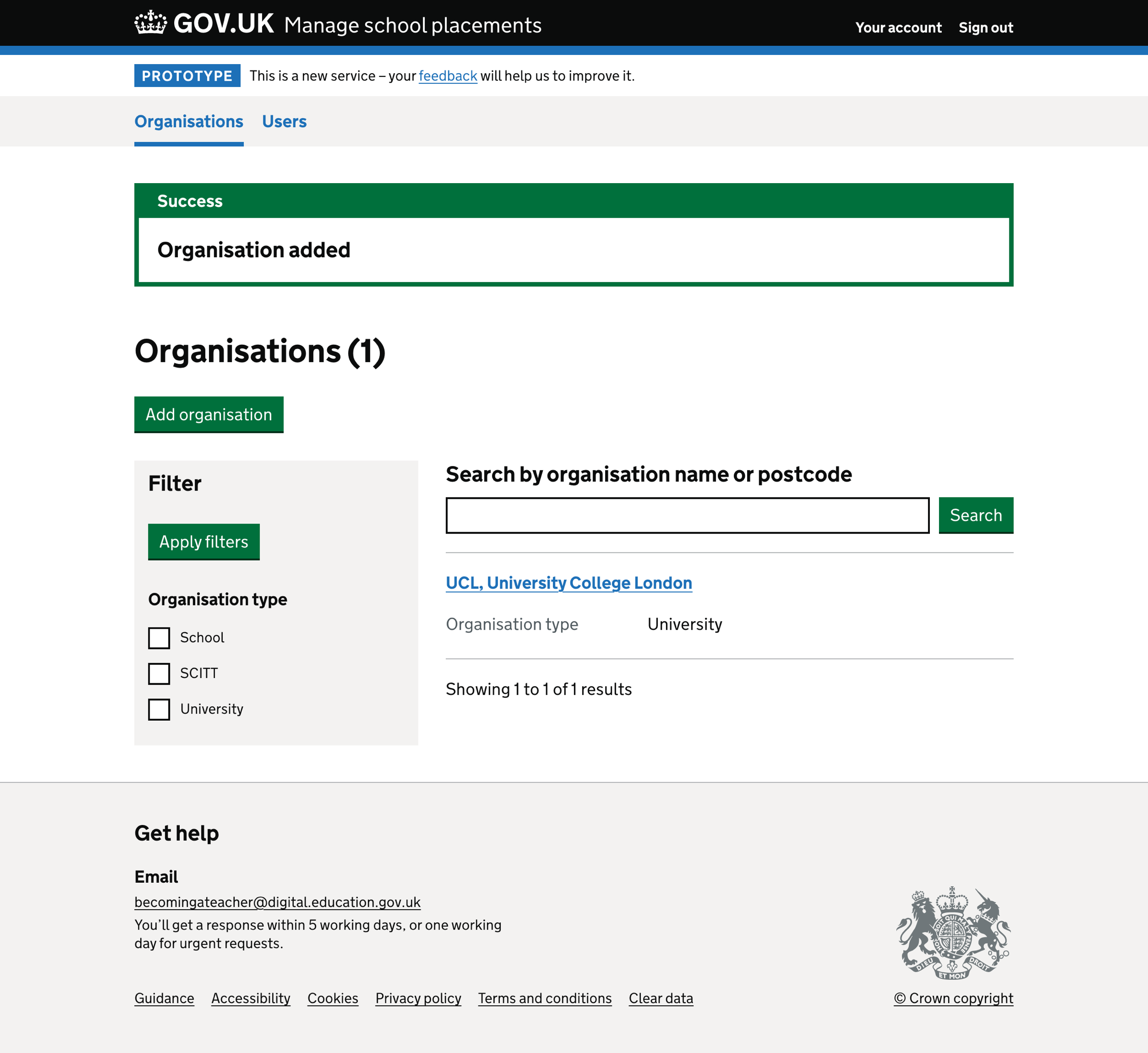 Screenshot of Add organisation - Organisation list success message