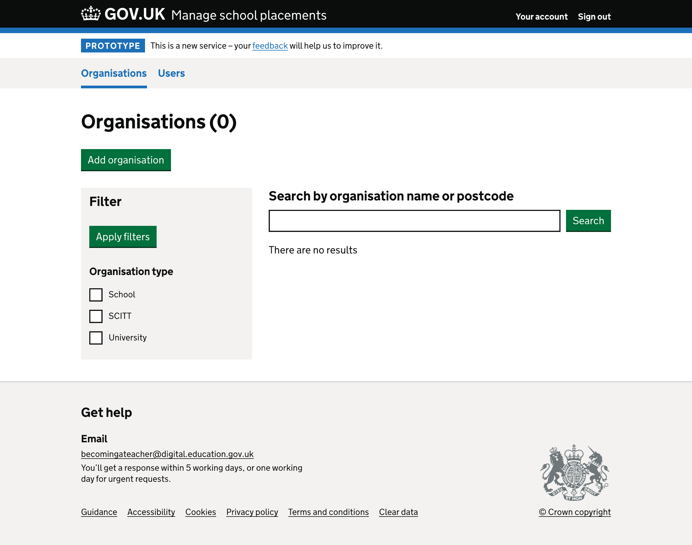 Screenshot of Organisation list