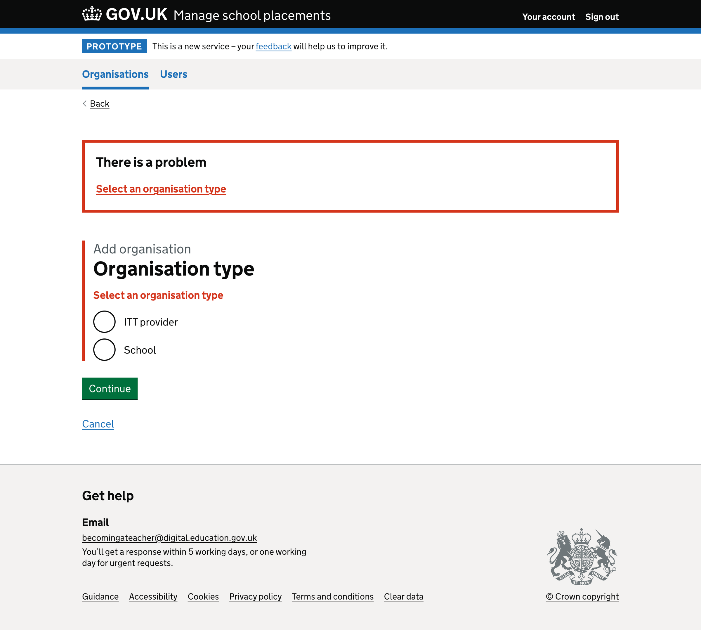 Screenshot of Add organisation - Organisation type error