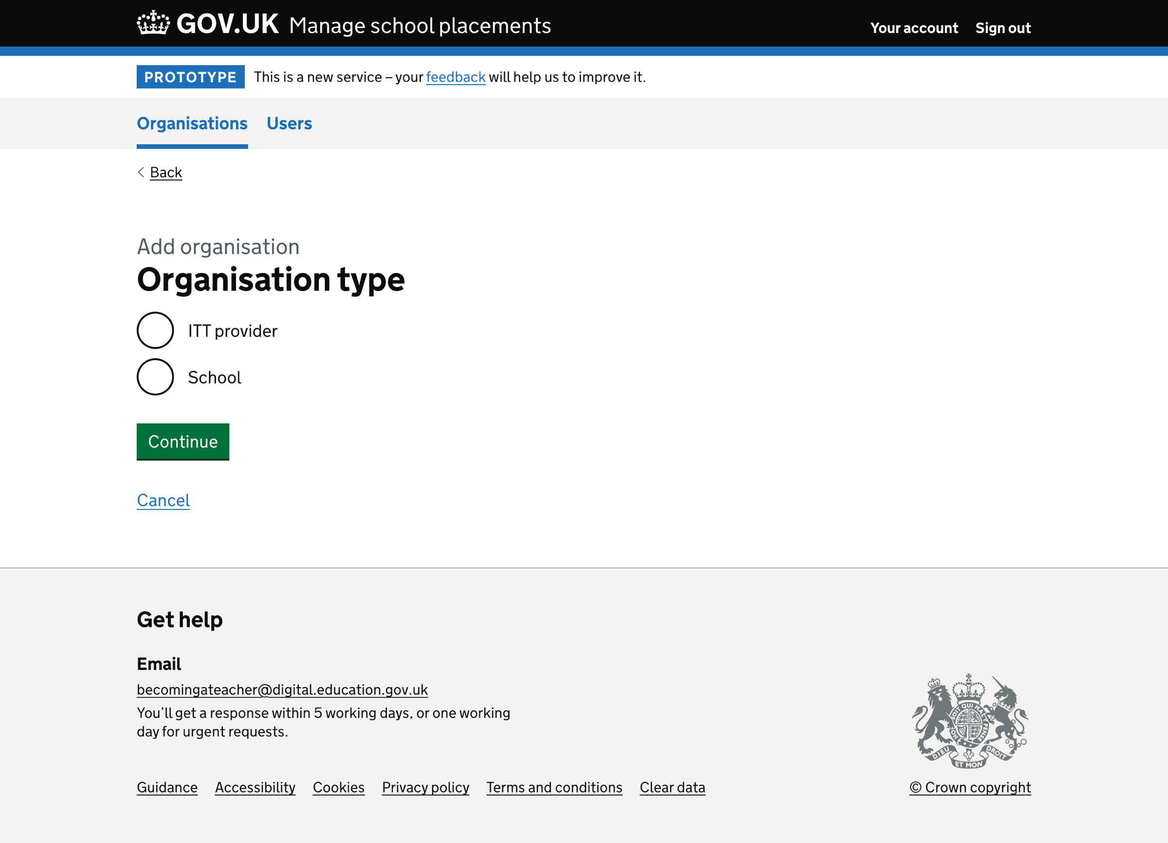 Screenshot of Add organisation - Organisation type