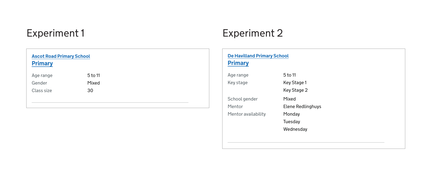 Image showing the change in search results content and layout between experiments 1 and 2