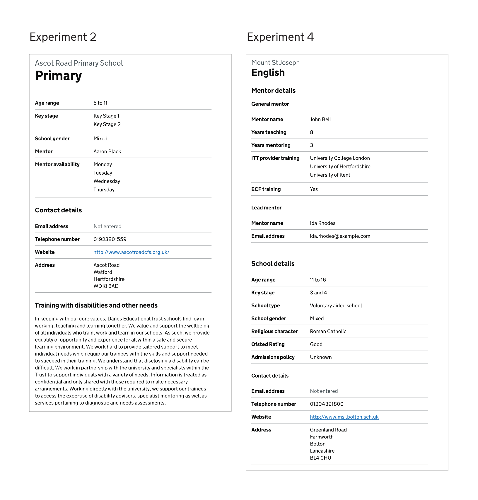 Image showing the change in the details page content and layout between experiments 2 and 4