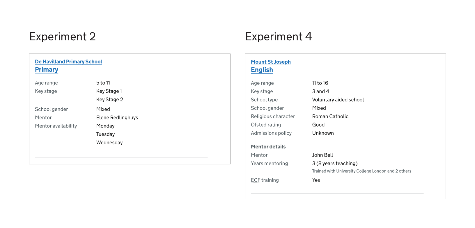 Image showing the change in search results content and layout between experiments 2 and 4