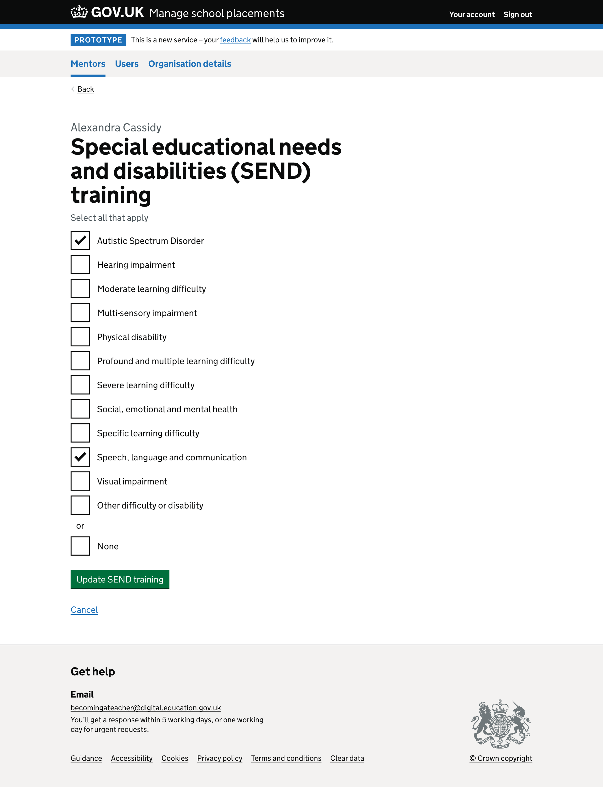 Image showing the mentor special educational needs and disabilities training question