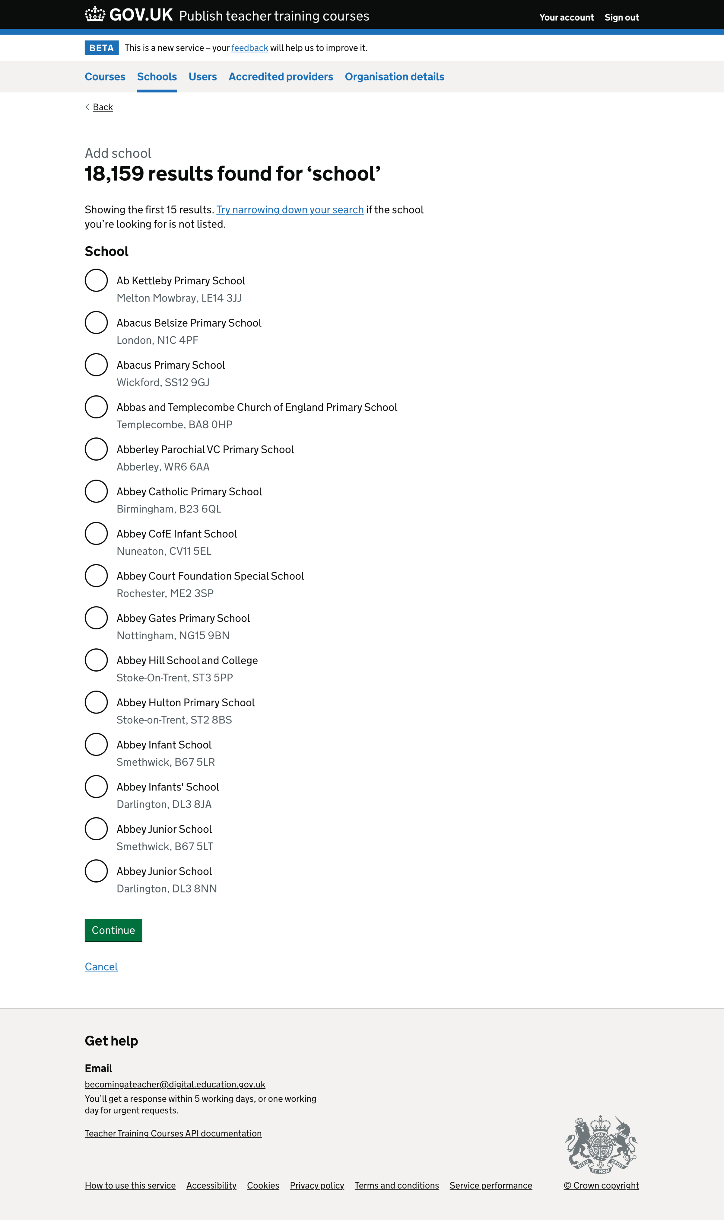 Screenshot of List of schools - many results