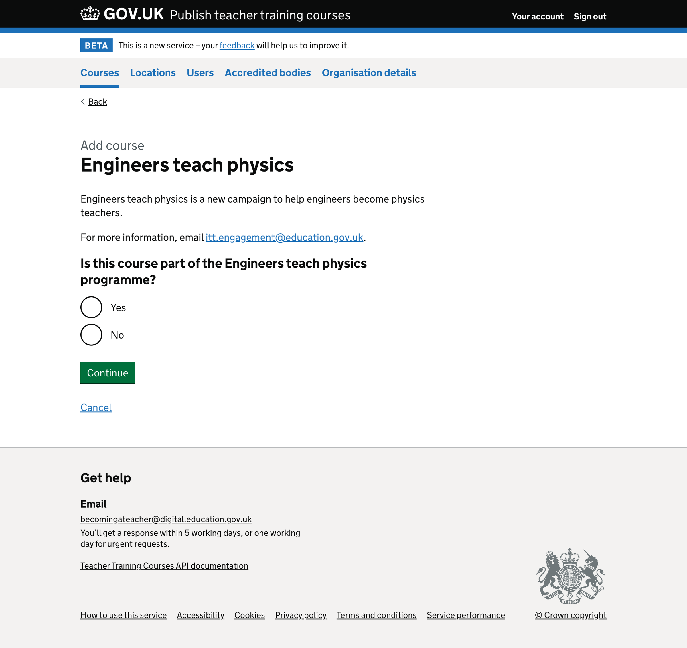 Screenshot of Add course - Engineers teach physics