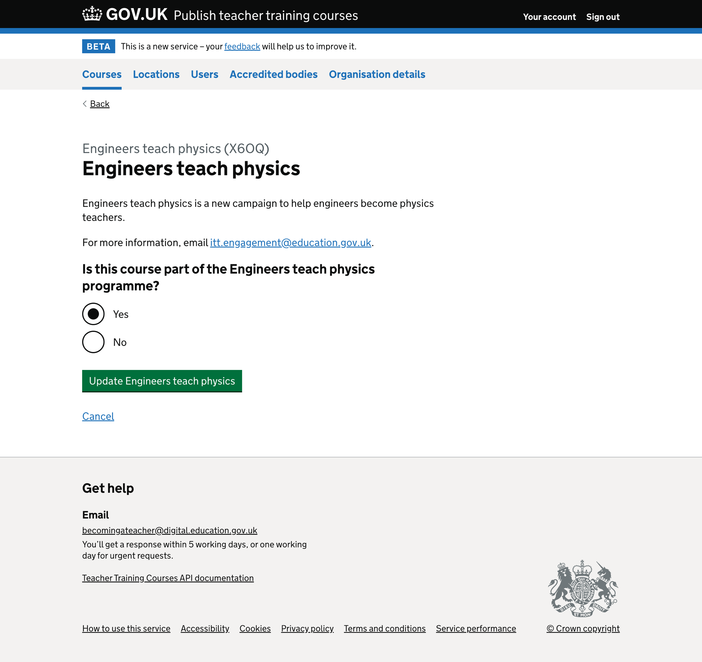 Screenshot of Edit course - Engineers teach physics