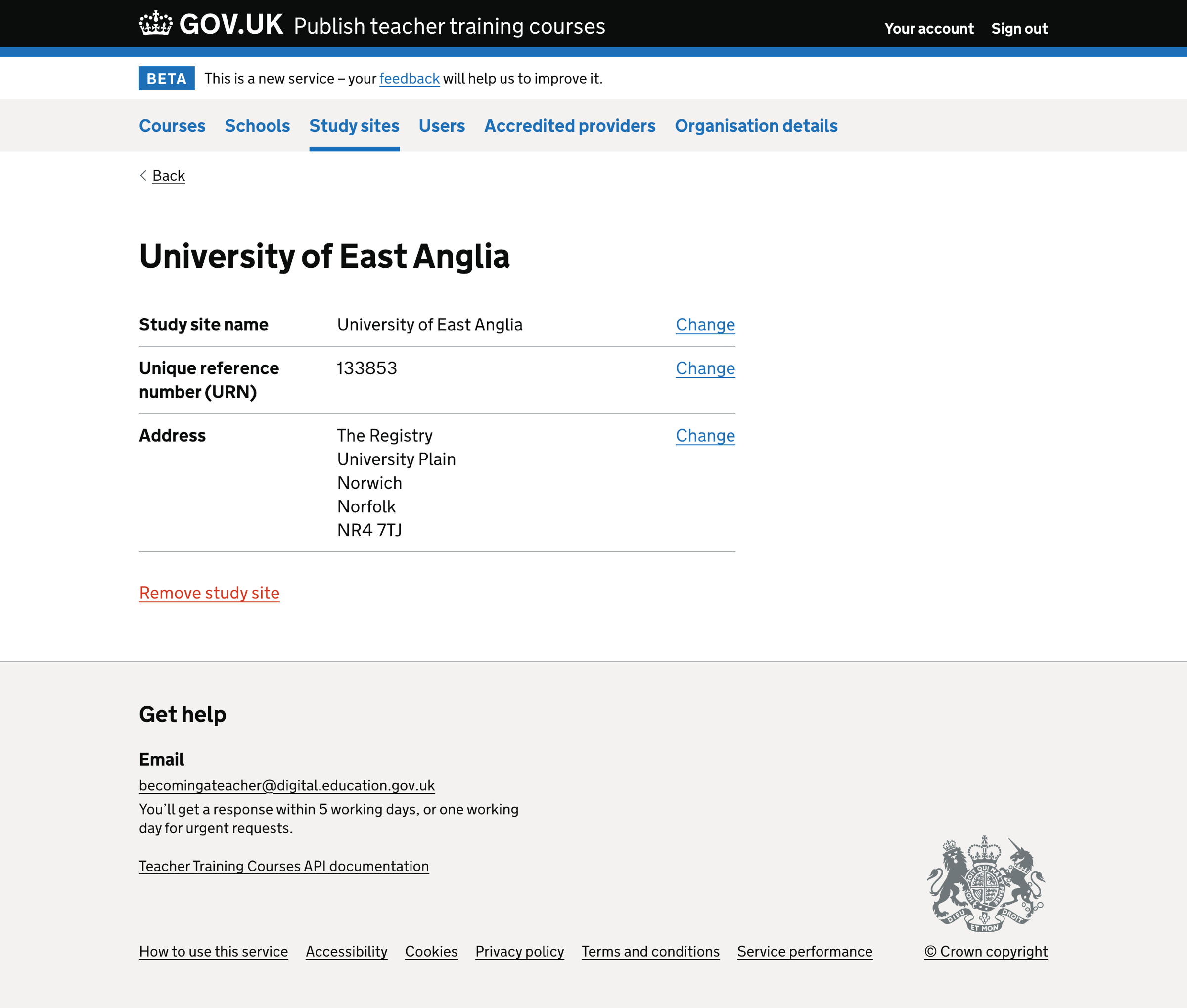 Screenshot of Study site details
