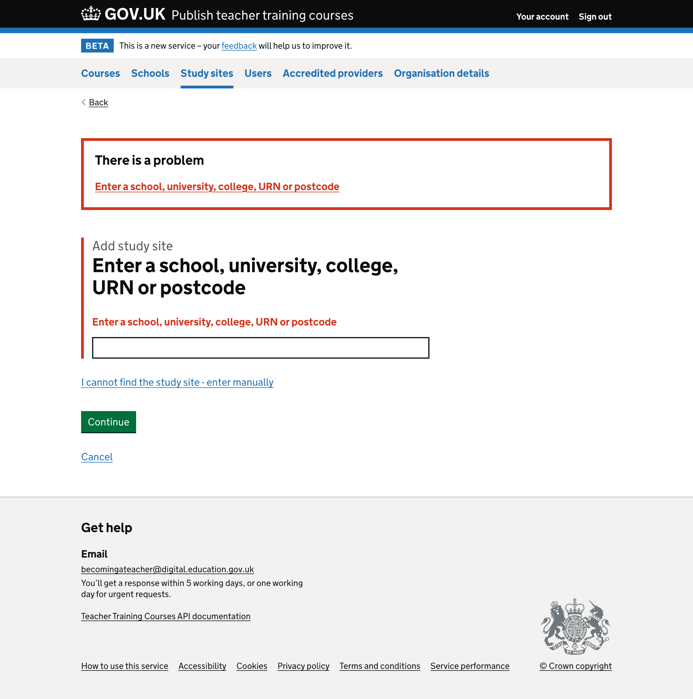 Screenshot of Adding a study site - error