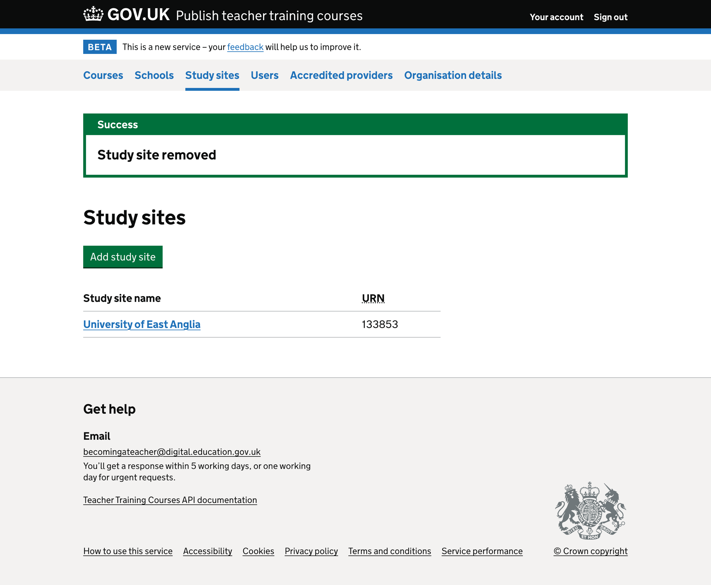 Screenshot of Study site removed