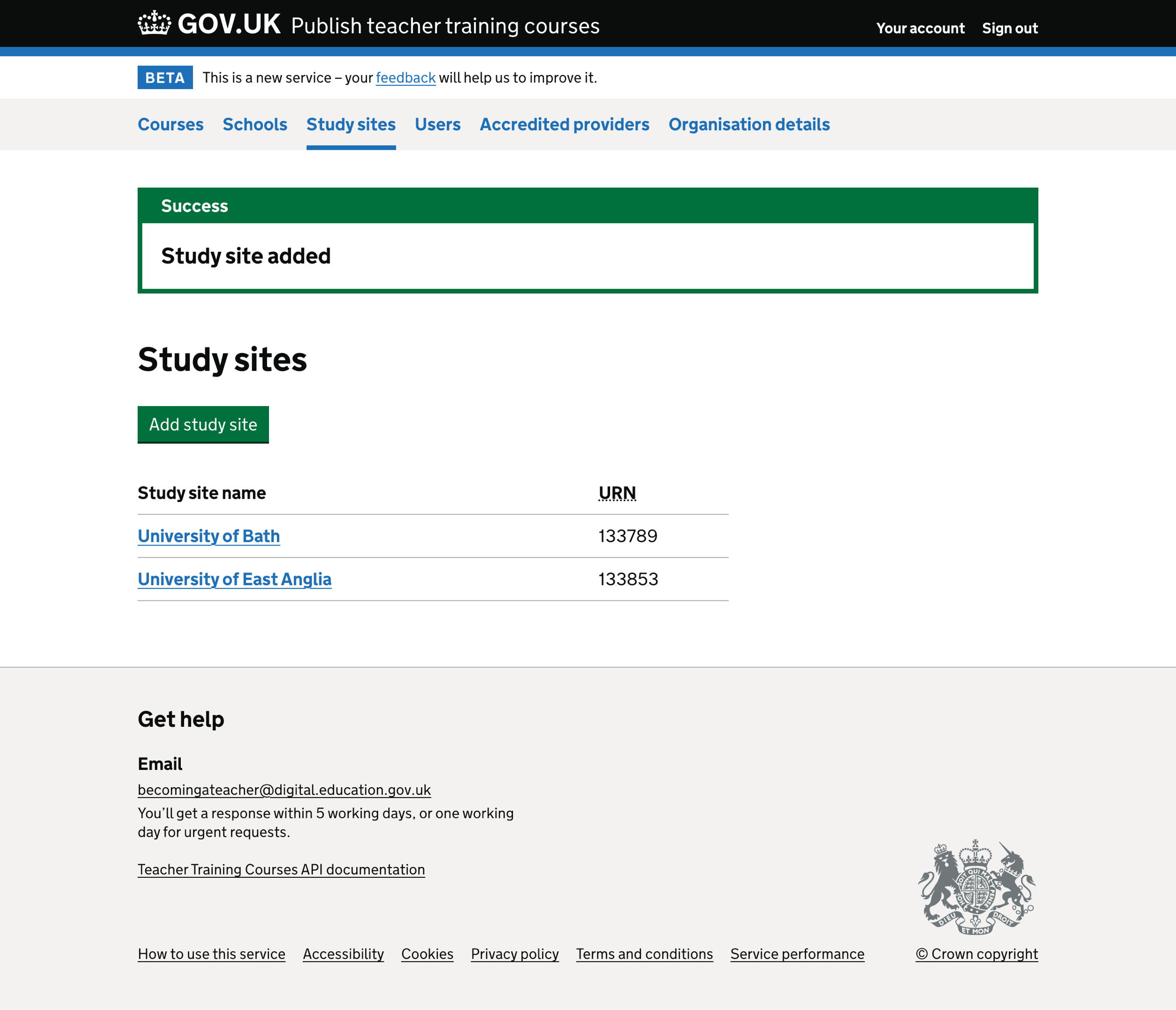 Screenshot of Study site successfully added