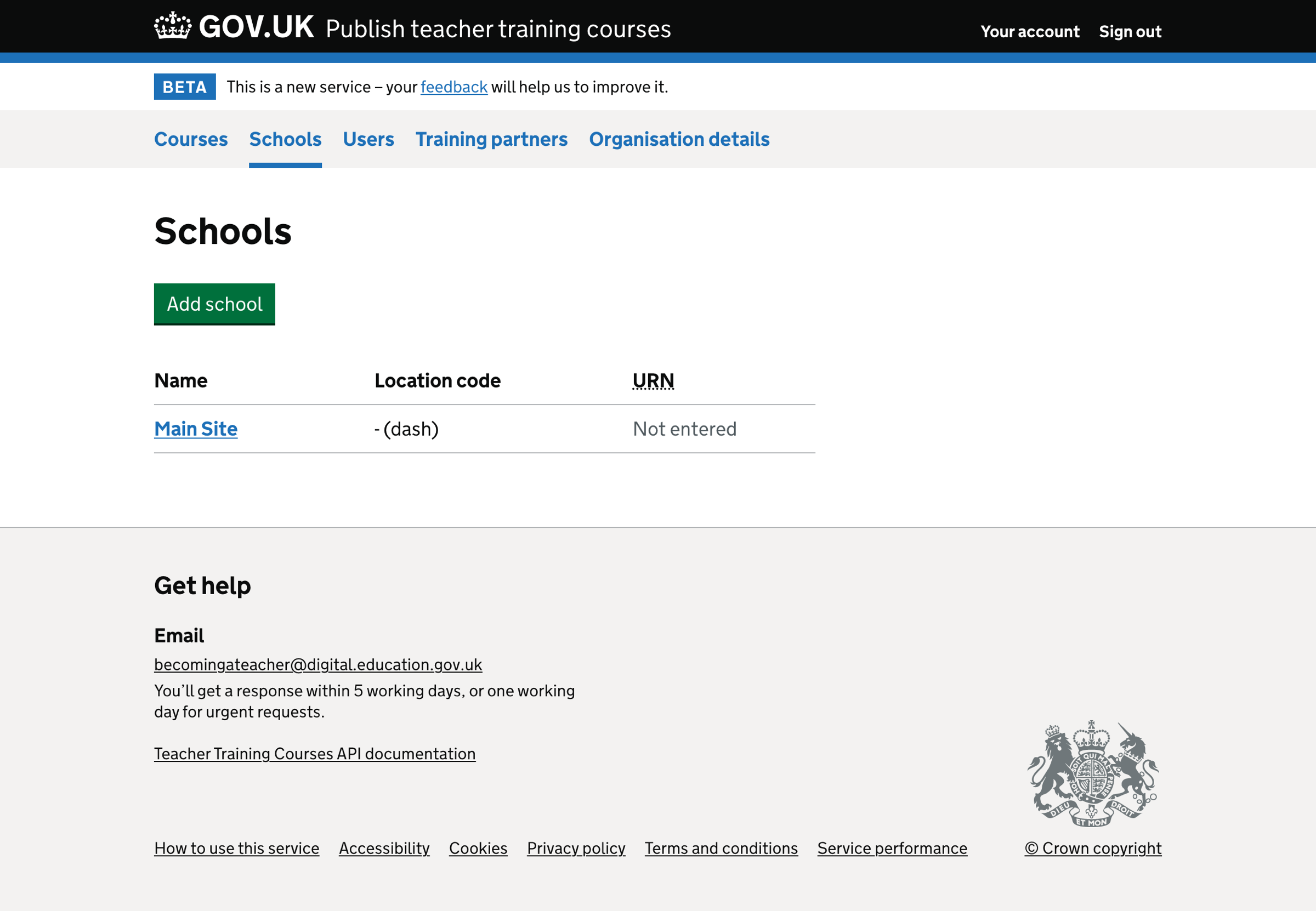 Screenshot of Schools list