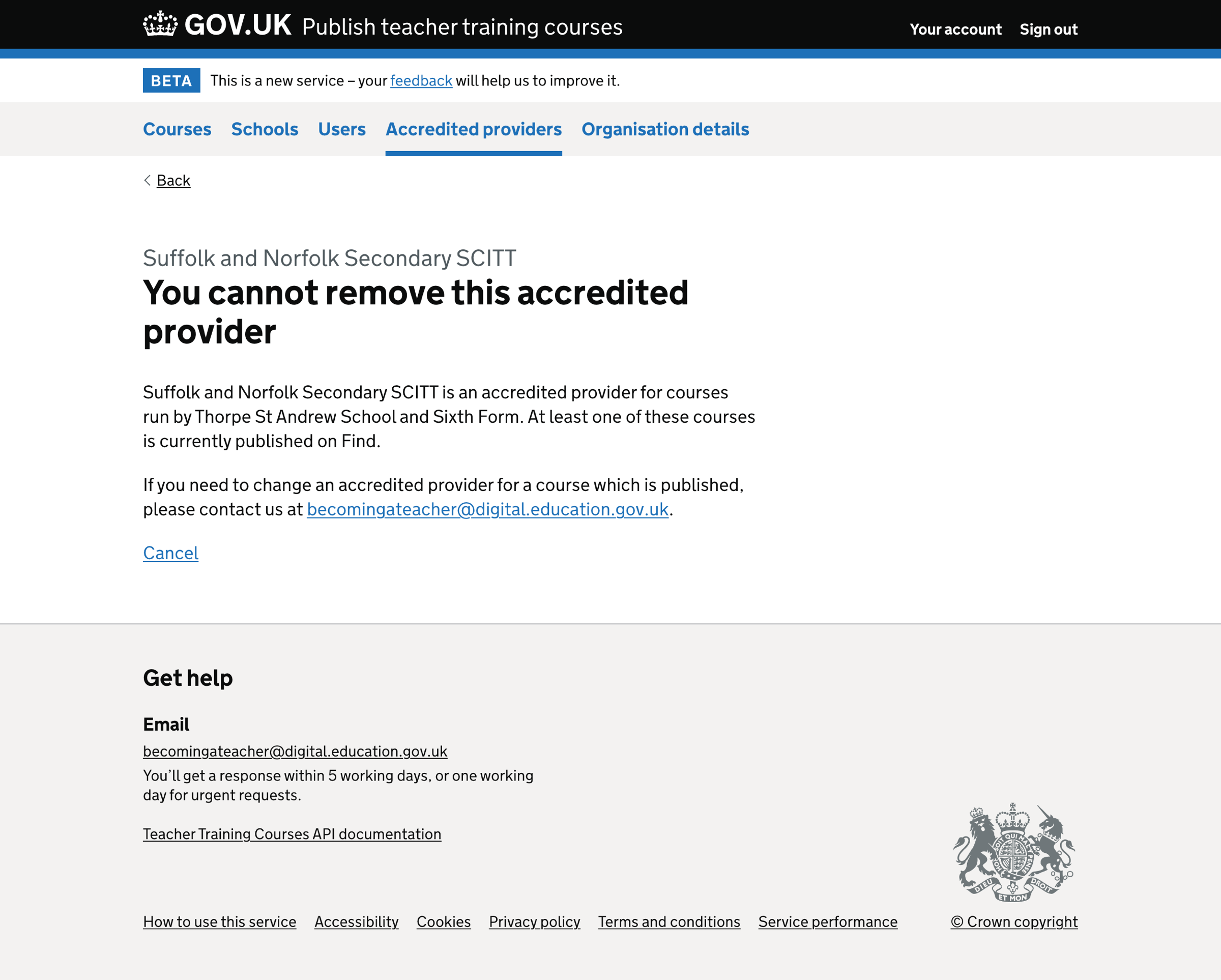 Screenshot of Accredited provider cannot be removed
