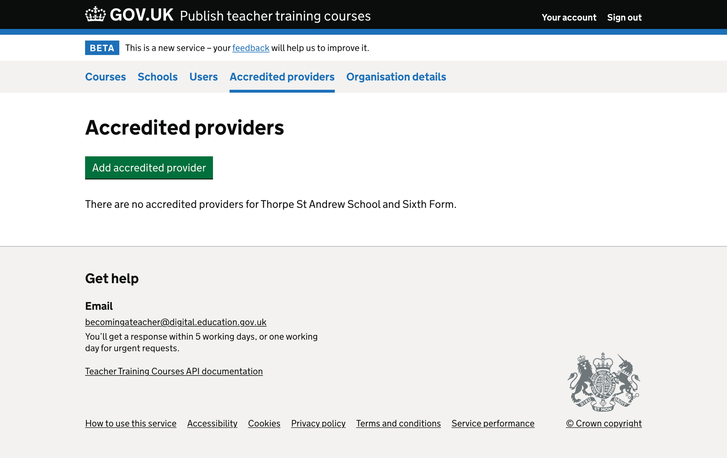 Screenshot of Accredited provider list - empty