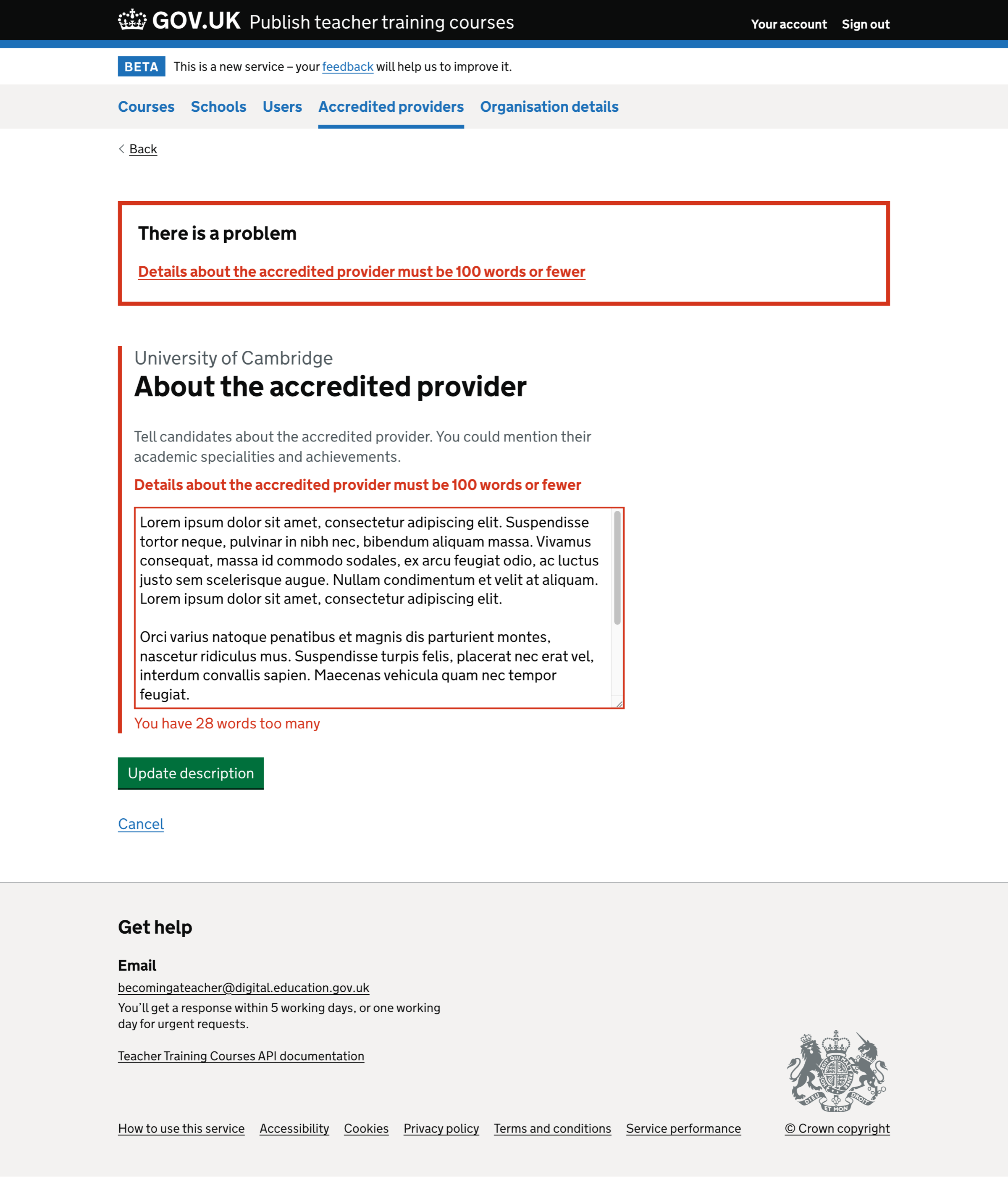 Screenshot of Update details about the accredited provider - error