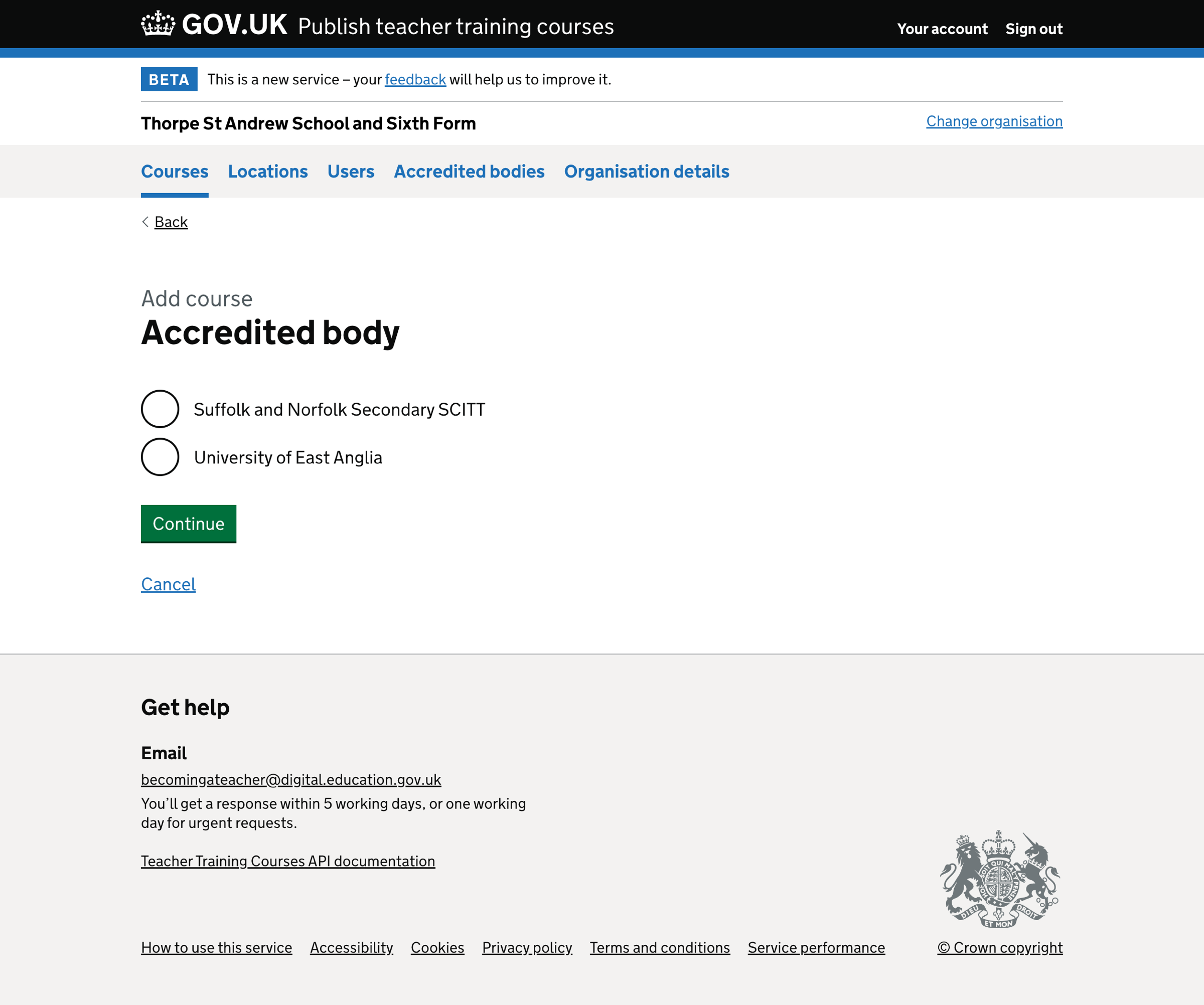 Screenshot of Add course - accredited body