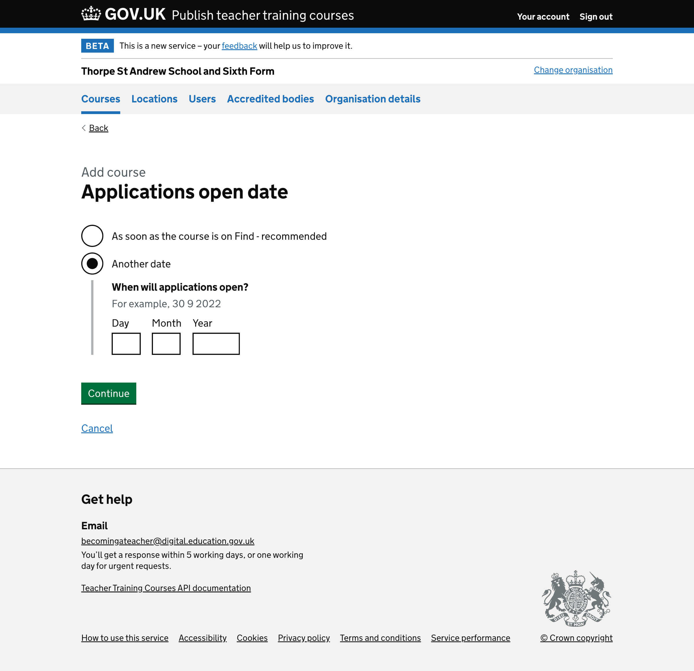Screenshot of Add course - applications open date