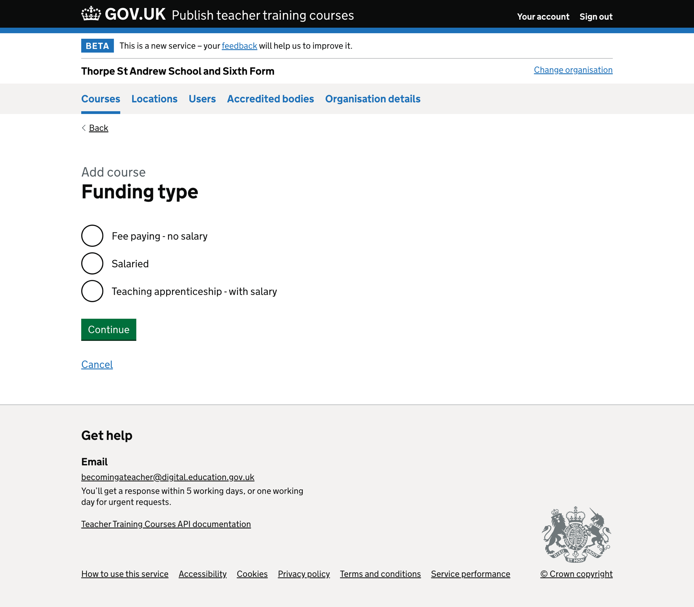 Screenshot of Add course - funding type