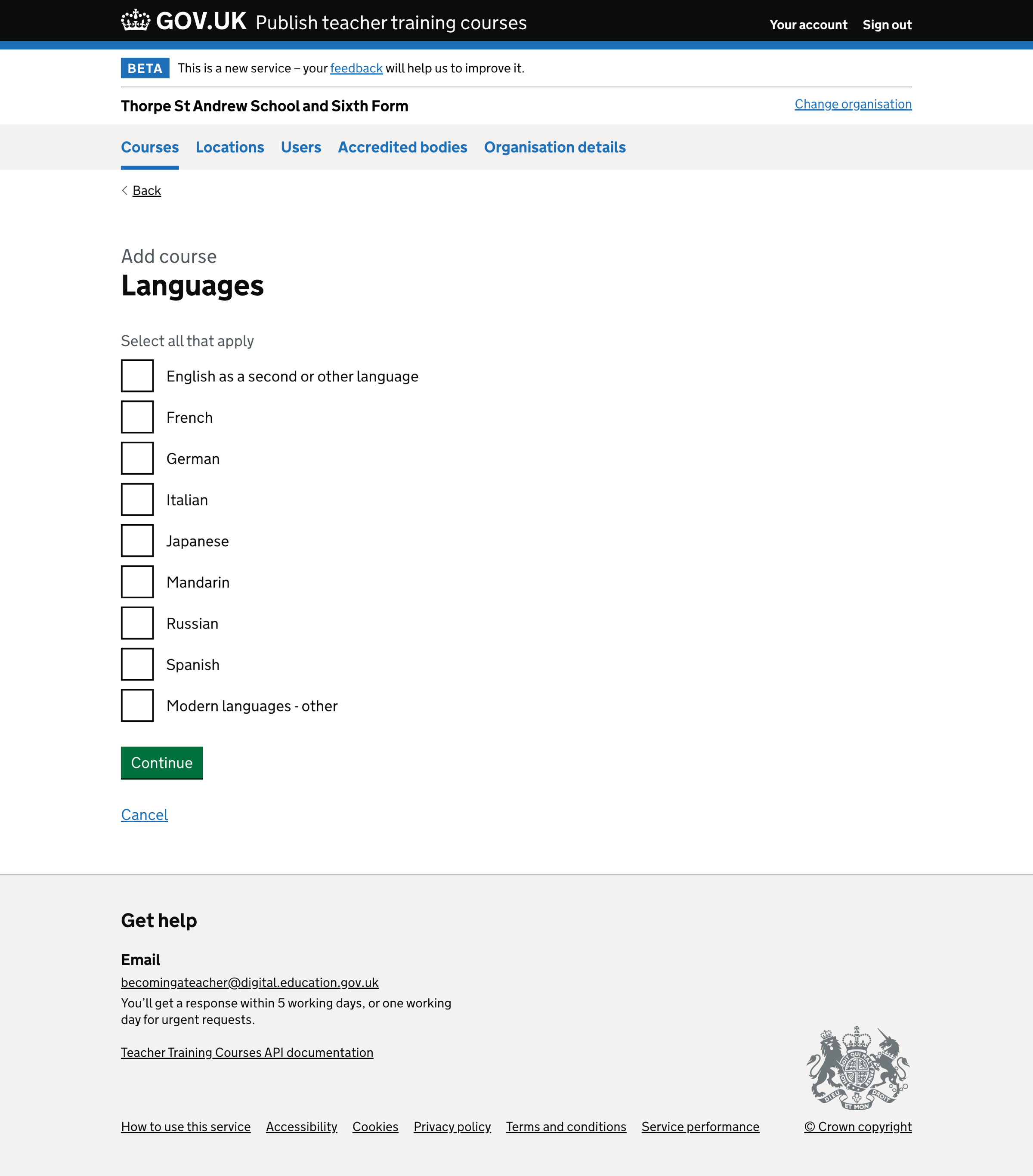 Screenshot of Add course - modern language subjects