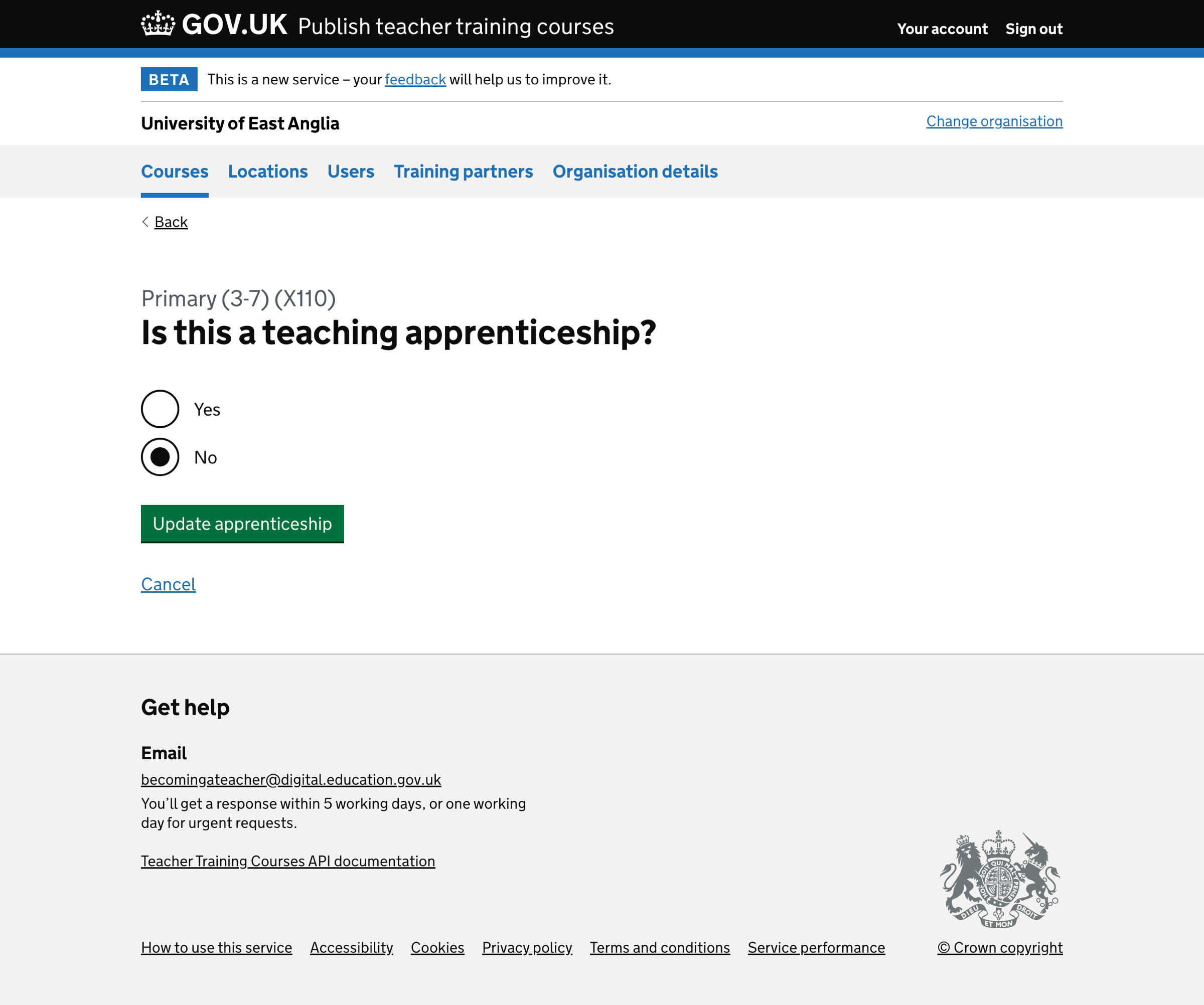 Screenshot of Edit course - teaching apprenticeship