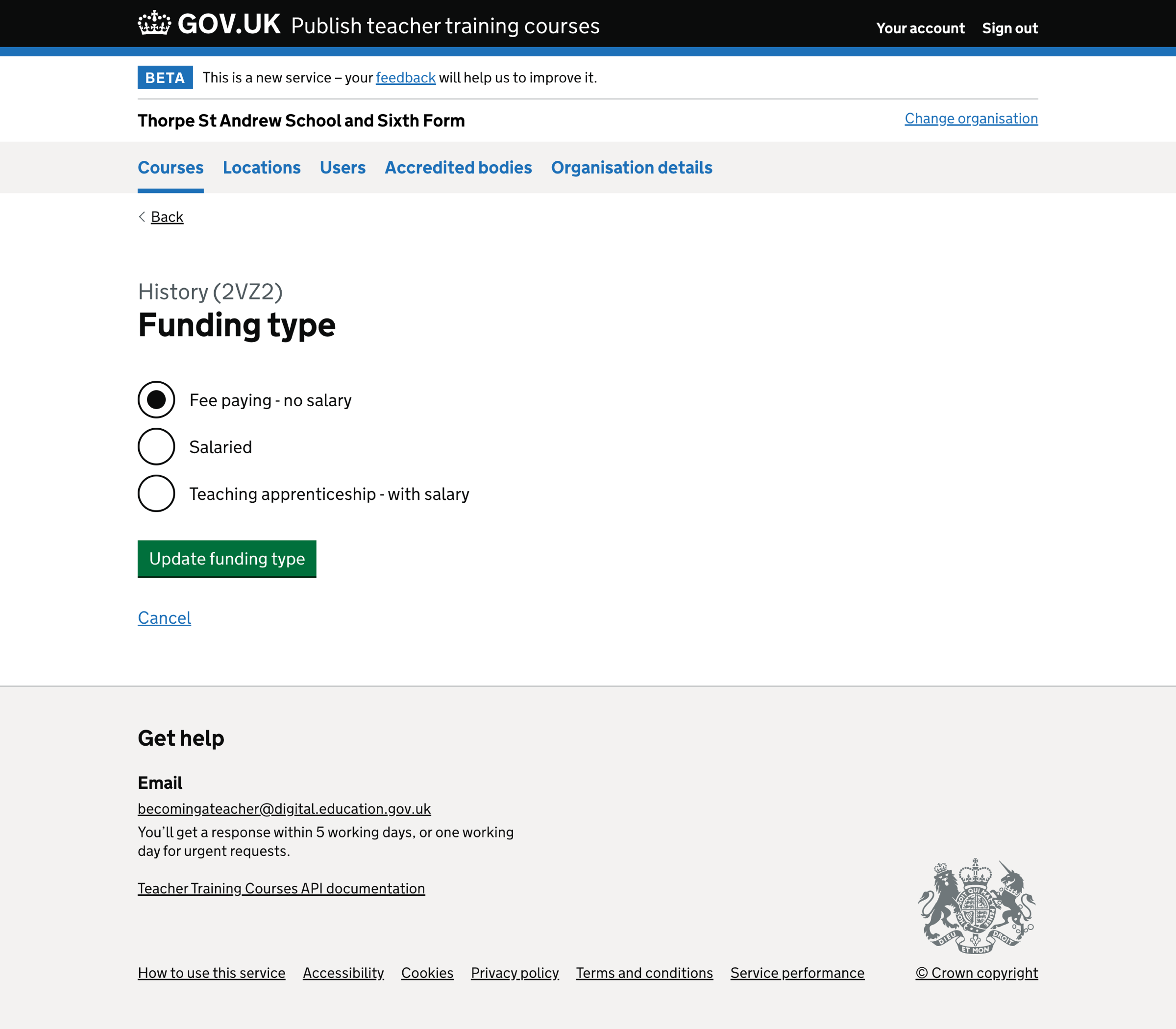 Screenshot of Edit course - funding type