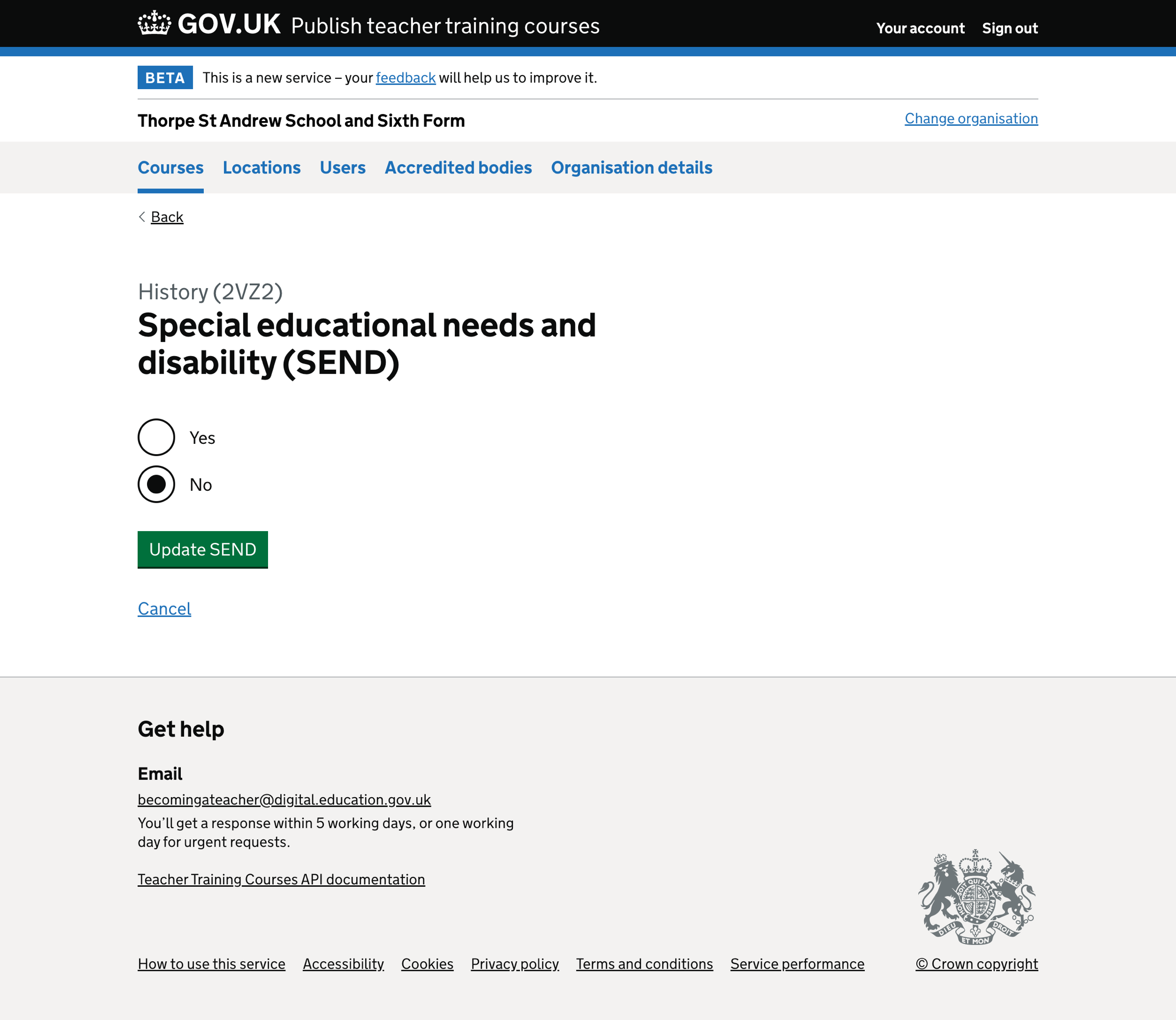 Screenshot of Edit course - special educational needs and disability (SEND)